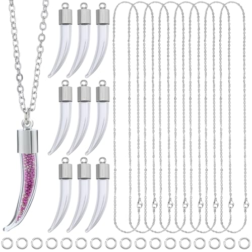 SUNNYCLUE 1 Box DIY 12 Sets Glasflaschen Halsketten Kit Fläschchen Halskettenanhänger Silberfarben Transparent Wolfszahnform Mit Edelstahlkette Hängende Charm Flaschen Für Schmuckherstellung Basteln W von SUNNYCLUE