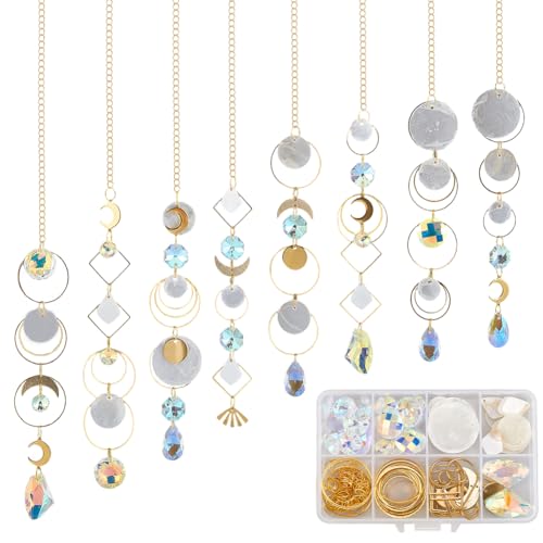 SUNNYCLUE 1 Box DIY 8 Sets Sonnenfänger DIY Kits Regenbogen Maker Sonnenfänger Zum Aufhängen Goldmond Sommer Capiz Muschel Buntes Glas Kristall Regenbogen Maker Sonnenfänger Für Fenster Innen Und Auß von SUNNYCLUE