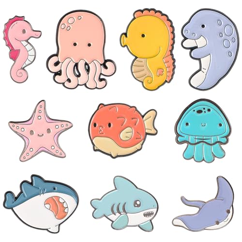SUNNYCLUE 1 Box Mit 10 Anstecknadeln Mit Meerestieren Brosche Mit Meerestieren Emaille Legierung Cartoon Delfine Haie Seesterne Broschen Sommerleben Hawaii Ozean Anstecknadel Für DIY Party Geschenkzub von SUNNYCLUE