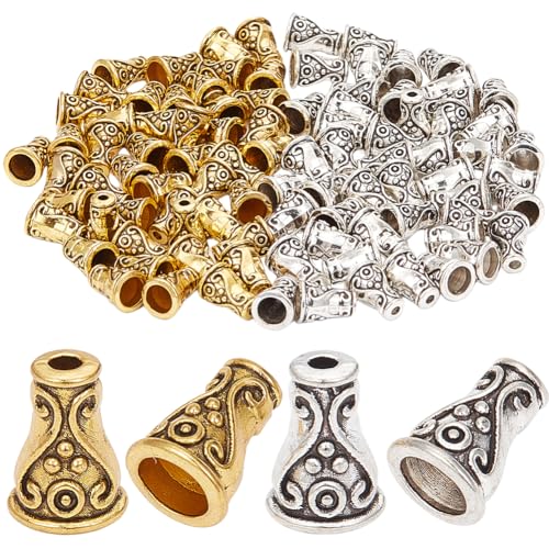 SUNNYCLUE 1 Box Mit 100 Stück 10 mm Kegelperlen Endkappen Blumen Quasten Perlenlegierung Tibetisches Vintage Metall Gold Silber Röhre Lose Zwischenperlen Großpackung Für Schmuckherstellung Charms DIY von SUNNYCLUE