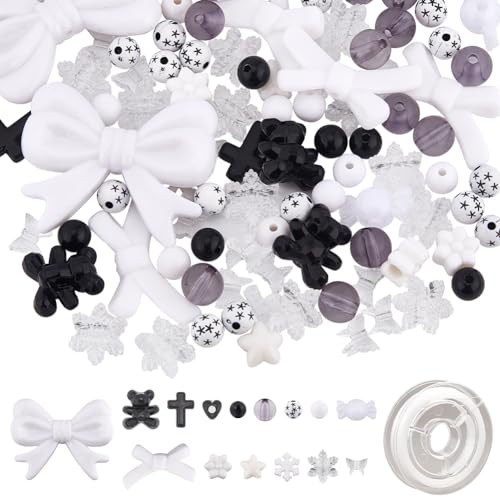 SUNNYCLUE 1 Box Mit 186 Stück Schwarz Weißen Perlen Sortierte Kleine Kreuzperlen Klare Schneeflockenperlen Acryl Stern Schleife Bär Süßigkeiten Herz Perlen 8 mm 10 mm Runde Lose Abstandsperlen Für Sch von SUNNYCLUE