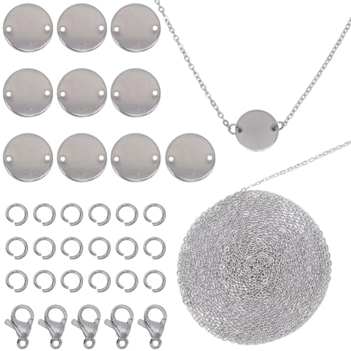 SUNNYCLUE 1 Box Zum Selbermachen 20 Sets Halsketten Stanzrohlinge 304 Edelstahl Halskettenrohlinge Flache Runde Verbindungsglieder Mit 5 m Langen Kabelketten Stempelanhänger Metall Stanzanhänger Für S von SUNNYCLUE
