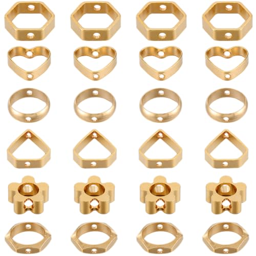 SUNNYCLUE 1 Box mit 48 Stück echten 24 Karat vergoldeten Messingperlenrahmen, Herz-Perlenrahmen, Dreieck, sechseckig, hohle Blume, runde Messingperlen, Rahmen für Schmuckherstellung, Charm-Zubehör von SUNNYCLUE