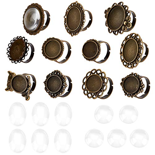 SUNNYCLUE 1 Set 11 Stile Antik Bronze Einstellbar Blanko Blume Cabochon Ring Fassung Runde Oval Blank Ringe mit 11 Stück 20 mm Klarglas Cabochons für DIY Ringherstellung von SUNNYCLUE