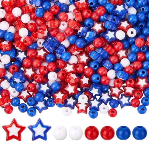 SUNNYCLUE 1100 Stück 5 Stile Unabhängigkeitstag Rote Weiße Und Blaue Perlen Patriotische Amerikanische Flagge Großhandel Runde Kunststoff Stern Acrylperlen Zur Schmuckherstellung Perlenarmbänder Halsk von SUNNYCLUE
