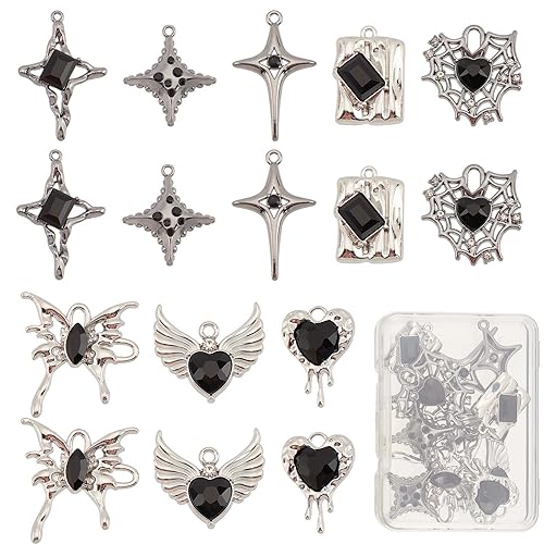 SUNNYCLUE 16 Stück 8 Stile Schwarze Gothic Charms Strass Charm Bulk Halloween Herz Schmetterlingsflügel Stern Spinnennetz Legierung Glas Charms Für Die Schmuckherstellung Charms DIY Handwerk Hallowee von SUNNYCLUE