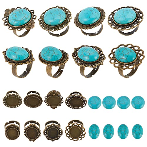 SUNNYCLUE 16 Stück DIY 8 Sätze Antik Bronze Ringrohlinge Einstellbare Ringrohlinge Cabochon Fassungen Für Die Schmuckherstellung Synthetische Türkis Cabochons Ringkomponenten Vintage Stil Handwerk Erw von SUNNYCLUE