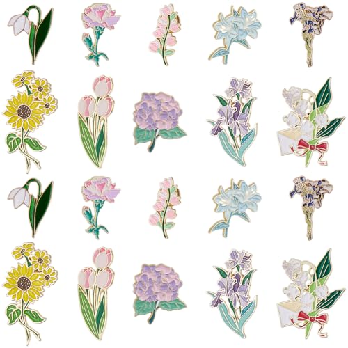 SUNNYCLUE 20 Stück 10 Stile Blumen Emaille Anstecknadeln Blumen Brosche Metalllegierung Cartoon Pflanzen Blumen Sonnenblume Tulpe Orchidee Reversbroschen Für DIY Abzeichen Kleidung Jacken Taschen Deko von SUNNYCLUE
