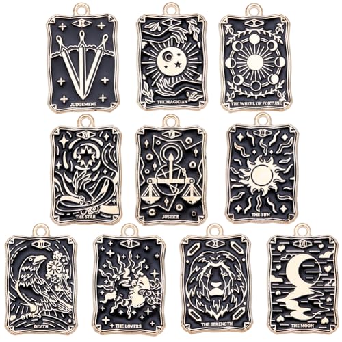 SUNNYCLUE 20 Stück 10 Stile Tarot Charms Bulk Wahrsagerei Charms Halloween Gothic Magie Tarot Karte Emaille Schwarzgold Amulett Glücksbringer Für Die Schmuckherstellung Charms DIY Ohrringe Armbänder H von SUNNYCLUE