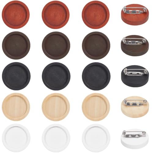 SUNNYCLUE 20 Stück 5 Farben Blanko Brosche Holz Cabochon Rohlinge Bulk 25mm Weiß Schwarz Braune Natur Rund Basic Holztablett Broschenfassungen Mit Edelstahl Sicherheitsnadel Für Schmuckherstellung DIY von SUNNYCLUE