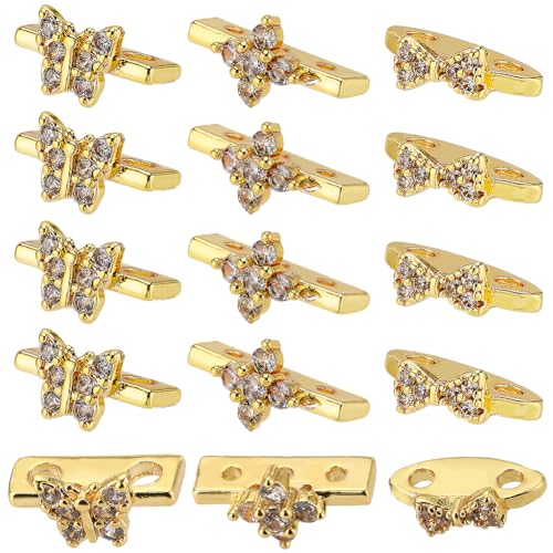 SUNNYCLUE 24 Stück 3 Stile Strass Abstandsperlen 2 Loch Metall Abstandsperlen Gold Messing Pavé Klare Kubische Schleife Blume Schmetterling Verbinder Perle Für Die Schmuckherstellung Perlenzubehör DIY von SUNNYCLUE