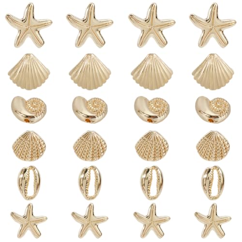 SUNNYCLUE 24 Stück 6 Stile Echte 14 Karat Vergoldete Seestern Perlen Ozean Thema Perlenlegierung Sommer Kleine Kauri Jakobsmuschel Meerestier Strand Abstandshalter Lose Perlen Für Die Schmuckherstellu von SUNNYCLUE