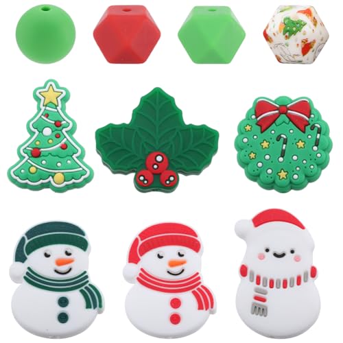 SUNNYCLUE 26 Stück 10 Stile Weihnachts Silikonperle Urlaubs Fokusperlen Großpackung Weicher Gummi Winterfigur Weihnachts Schneemann Glocke Grüner Baum Rotes Sechseck Runde Stiftperle Für Die Schmuckhe von SUNNYCLUE
