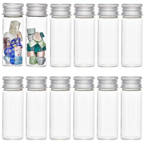 SUNNYCLUE 30 Stück Mini Glasflaschen 12 ml Glasperlenflaschen Reagenzglas Klare Leere Gläser Mit Aluminiumdeckel Kleine Glasfläschchen Winzige Mini Glasflaschen Für Flüssigkeiten DIY Basteln Partygesc von SUNNYCLUE