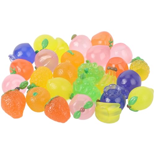 SUNNYCLUE 30 Stück Mini Kunstfrüchte Kunstharzfiguren Süß Leuchtend Im Dunkeln Leuchtend Künstliche Bananen Zitronen Erdbeeren Trauben Modell Charms Für Partygeschenke Tische Home Office Schreibtisch von SUNNYCLUE