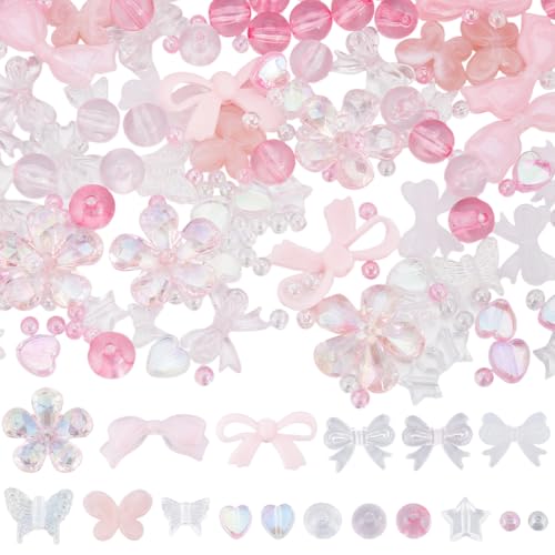 SUNNYCLUE 300 Stück 17 Stile Verschiedene Acrylperlen Schmetterlings Herzperlen Großpackung Rosa Bonbonfarben Pastell Kunststoff Blumen Sterne Und Schleifen Runde Perlen Für Armbänder Schmuckherstellu von SUNNYCLUE