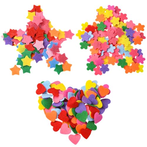 SUNNYCLUE 300 Stück 3 Stile Filzformen Stoff Ornament Kit sortiert zufällig gemischt bunt Vlies Blumen Herz Stern handgefertigte Verzierungen für DIY Handwerk Nähen Kleidung Taschen Hüte Dekorationen von SUNNYCLUE