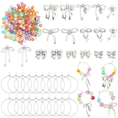 SUNNYCLUE 395 Stück Weinanhängerringe Mit Schleife Silberne Weinglasanhänger Wiederverwendbare Glaskennzeichnungsanhänger Aus Metall Mit Buchstabenperlen Getränkemarker Für Die Schmuckherstellung Hoch von SUNNYCLUE