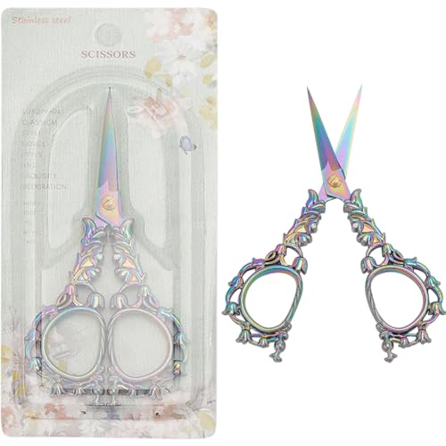 SUNNYCLUE 5 Zoll Näh Und Stickschere Aus Edelstahl Mit Scharfer Spitze Schere In Regenbogenfarben Detailschere Mit Blumenmotiv Trimmschere Zum Schneiden von Stoff Basteln Stricken Einfädeln Handarbei von SUNNYCLUE