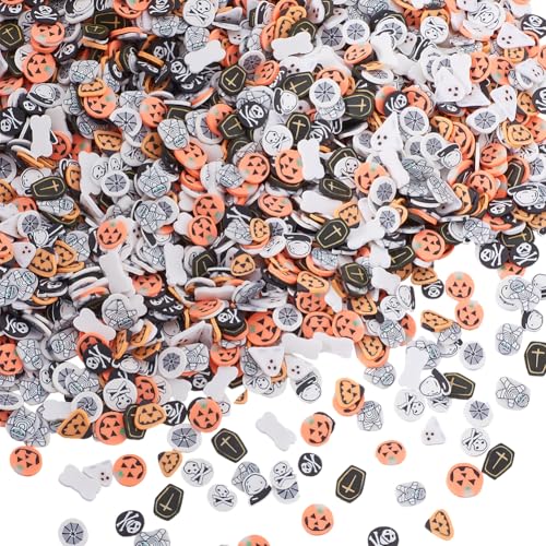 SUNNYCLUE 5000 Stück 10 Stile Halloween Scheiben Polymer Ton Cabochon Großpackung Verschiedene Feiertags Orange Geisterskelett Gruselige Weiche Streusel Flocken Scheiben Zum Selbermachen Basteln Nagel von SUNNYCLUE