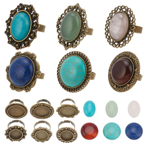 SUNNYCLUE 6 Stück Edelstein Fingerring Herstellungsset Cabochon Ringfassungen Lünette Rohlinge Heilenergie Türkisfarbener Stein Edelsteine Rosenquarz Vintage Stil Ringkomponenten Für Schmuckherstellun von SUNNYCLUE