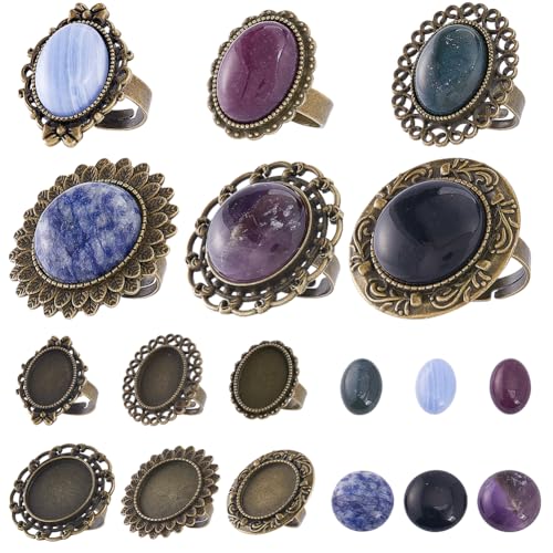 SUNNYCLUE Diy 6 Sets Cabochon Fassungsring Cabochon Ringfassungen Verstellbare Ringbasis Heilenergie Edelstein Cabochon Vintage Ovaler Ringrohling Lünette Fingerringrohlinge Für Schmuckherstellungs Se von SUNNYCLUE