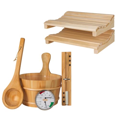 SUNNYDEALS klassisches Saunazubehörset | Saunaset 5-teilig aus naturbelassenem Holz | Saunaeimer & Kunststoffeinsatz 4l | Saunakelle | Temperaturmessgerät | Sanduhr | 2X Sauna Kopfstütze von SUNNYDEALS