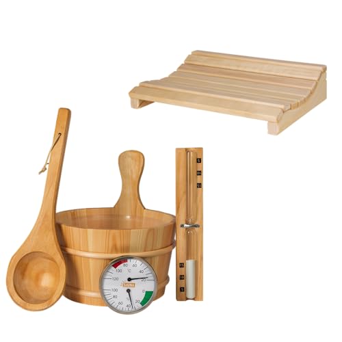 SUNNYDEALS klassisches Saunazubehörset | Saunaset 5-teilig aus naturbelassenem Holz | Saunaeimer & Kunststoffeinsatz 4l | Saunakelle | Temperaturmessgerät | Sanduhr | Sauna Kopfstütze von SUNNYDEALS