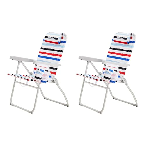 SUNNYFEEL Tragbarer Strandstuhl, hohe Rückenlehne, faltbarer Strandstuhl, leichter Campingstuhl mit Liegeposition, Rucksackliege für Strand, Camping, Rasen, Outdoor, Rot Blau Weiß gestreift, 2 Stück von SUNNYFEEL