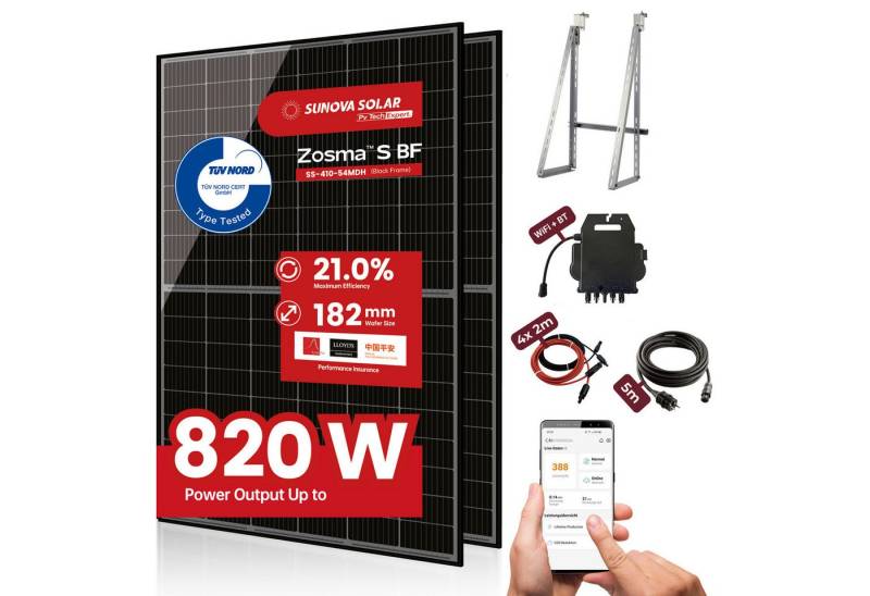 SUNOVA Solar Solaranlage mit 820W, 800W Inverter, 5m Schukokabel 4x2m DC mit Halterung, IP67 von SUNOVA Solar