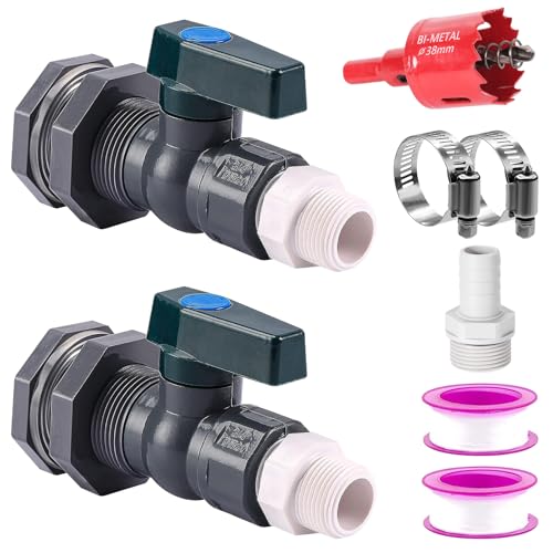 2 Stück Regentonne Zapfhahn Set 3/4", PVC Regentonnen Ventile, Wasserhahn Regentonne, PVC Regentonne Zapfhahn Set Für Aquarien Pools Mit Schottverschraubung, Schlauchadapter Und Lochöffner (25+16mm) von SUNOYA