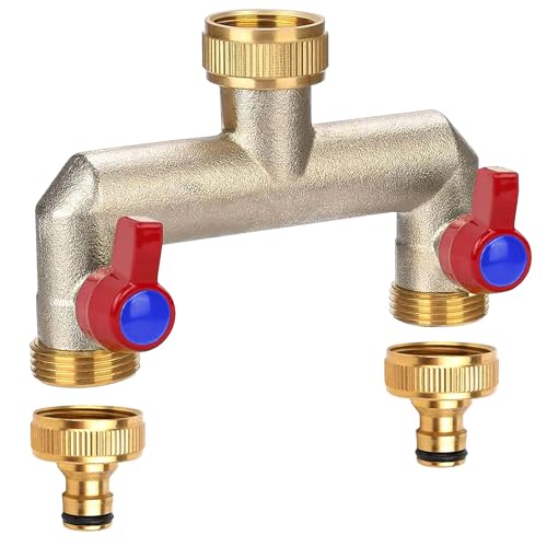 2 Wege Wasserhahn Verteiler, 3/4 Zoll Verteiler Wasser mit Kugelhahn, 2-Wege Wasserhahn Adapter aus Messing mit 2 Gartenschlauch Wasserleitungsverbinder, Zum Einstellen Absperren Wasserflusses von SUNOYA