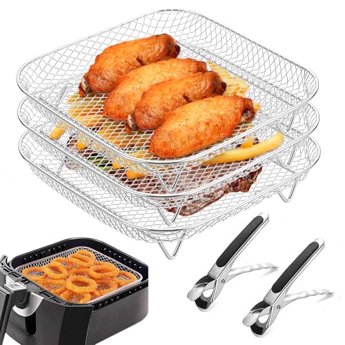 3 Stück Air Fryer Racks, Körbe für Airfryer, Luftfritteuse Korb Tray, Korb Stapelbar Luftfritteuse Racks, Edelstahl Heißluftfritteuse Zubehör, Air Fryer Zubehör, Luftfritteusen-Gestell mit 2 Zangen von SUNOYA