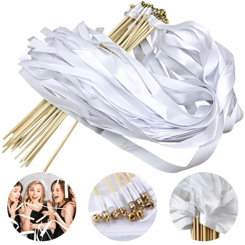 30 Stücke Wedding Wands mit Glocke, Zauberstäbe Hochzeit Luftschlangen, Hochzeitsbändern Seidenfeenstab, Spalier Hochzeit Stäbe, Wedding Twirling Streamers Gastgeschenke für Hochzeit Geburtstag Party von SUNOYA