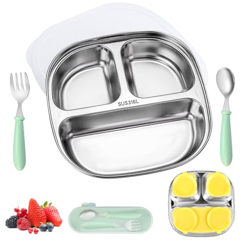 Baby Teller mit Saugnapf, Edelstahl Kinderteller mit Deckel, Kinder Esslernteller aus Edelstahl, Praktischer Teller für Babys und Kleinkinder, Teller Baby Saugnapf Set mit Gabeln und Löffel von SUNOYA