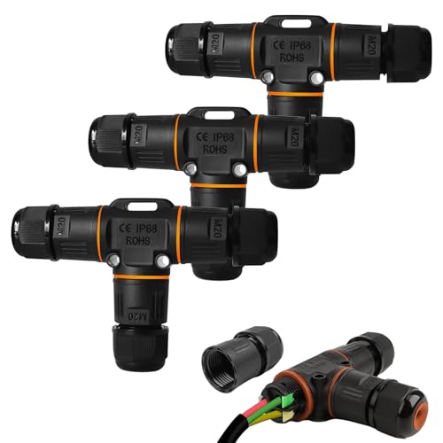 Kabelverbinder Wasserdicht IP68, 3 Stück Kabelverbinder 3 Polig, T-Form Verteilerdose Erdkabel Verbindungsmuffe, Wasserdicht Verbindungsbox Kabelmuffe Für ø3-12 mm Kabeldurchmesser (Schwarz) von SUNOYA