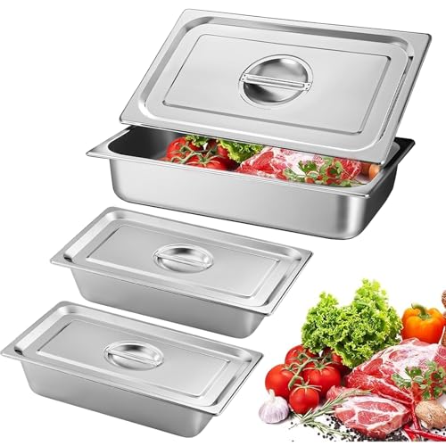Panier-Set Aus Edelstahl, 3 Stück Hotelpfannen, Panierschalen Set 3-Teilig, Dampftischpfannen, Pfannen, Edelstahl Behälter mit Deckel, Catering-Pfannen, Frischhaltebehälter, 32,5 x 17,5 x 6,5 cm von SUNOYA