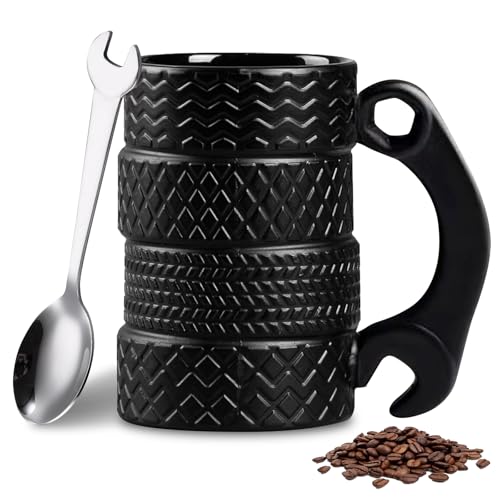 Reifentasse, 450 ml Keramikbecher, Rad Reifen Kaffeetasse, Mit Griff und Löffel, Keramik Reifentasse für Zuhause, Geschenk, für Kaffeeliebhaber, Personalisierte Tasse (A) von SUNOYA