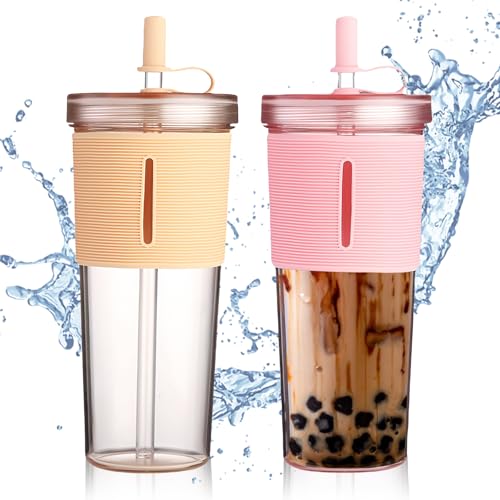 SUNOYA 2 Stück 710ml Trinkbecher mit Deckel und Strohhalm, Bubble Tea Becher, Doppelwandig Isolierte, für Kaffee Saft, Becher to go, (Rosa,Khaki) von SUNOYA