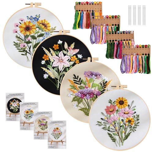 4 Stück Stickset Embroidery Kit, Stickerei Set Anfänger, Sticken Set Erwachsene, Stick Sets zum Sticken Anfänger Stickbilder Vorgedruckt Kreuzstich mit Blumenmuster für DIY Kunst, Handwerk von SUNOYA