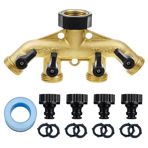 SUNOYA Wasserverteiler 4Fach, 3/4 Zoll aus Messing, 4-Wege-Verteiler mit 4 Gartenschlauch Adapter, 4 Wege Verteiler Wasser, Wasserverteiler für Gartenbewässerung Wasserdurchfluss Regulier (4-Wege) von SUNOYA