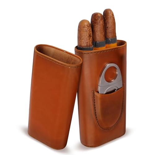 SUNOYA Zigarrenetui Für 3 Zigarren, Zigarren Humidor, Zigarrenetui Leder Mit Zigarrenschneider, Zigarren Travel Leder Zigarrenetui Tragbarer Humidor Zigarren Fr Reise Kurztrips(Braun) von SUNOYA