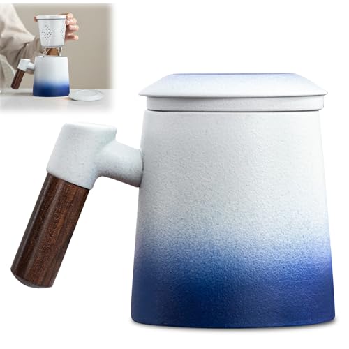 Teetasse mit Deckel und Sieb, 400 ml Holzgriff Teebecher mit Sieb, Matte Keramik Tasse, Teetasse mit Teesieb für Losen Tee, Handgesprühte Glasur, für Teeliebhaber und als Geschenk (D) von SUNOYA