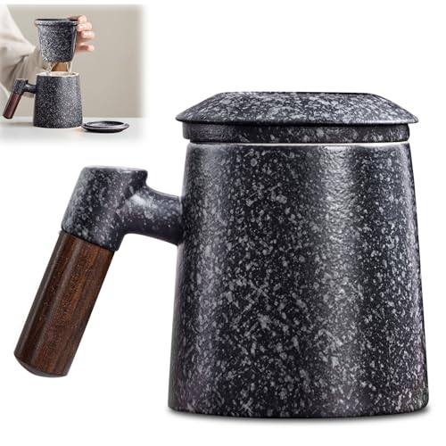 Teetasse mit Deckel und Sieb, 400 ml Holzgriff Teebecher mit Sieb, Matte Keramik Tasse, Teetasse mit Teesieb für Losen Tee, Handgesprühte Glasur, für Teeliebhaber und als Geschenk (E) von SUNOYA