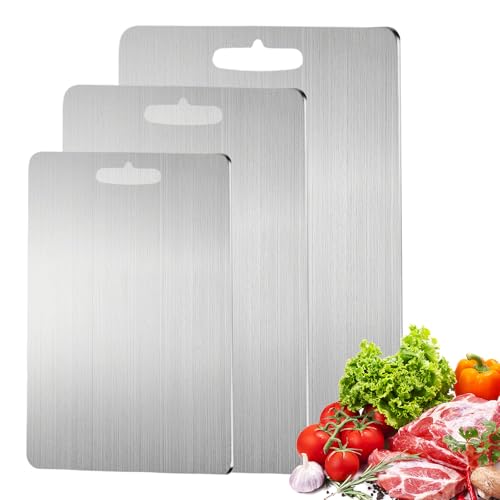 Titan Schneidebrett Set - 3-teiliges Schneidebrett Edelstahl mit Beschichtung | Edelstahl Schneidebretter Titan für Küche und Outdoor | Doppelseitige Schneidbretter in 3 Größen von SUNOYA