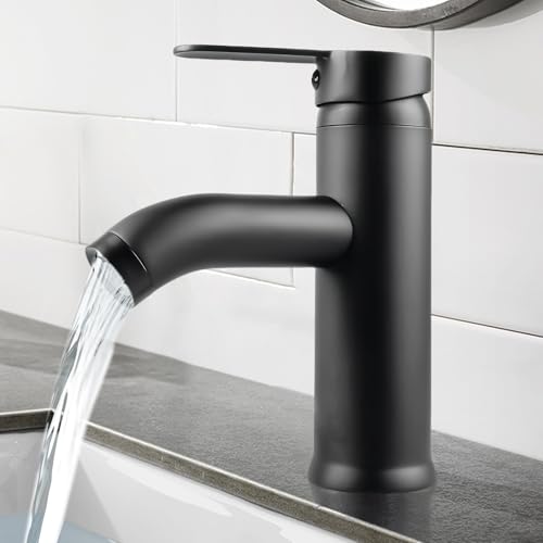 Wasserhahn Bad, Edelstahl Waschtischarmatur, Wasserhahn Bad mit Ventilkern aus Keramik, Wasserhahn Schwarz Bad mit Wasserhahnschlauch, Wasserhahn Bad Schwarz Heiß und Kalt Dual-Control (kurz) von SUNOYA