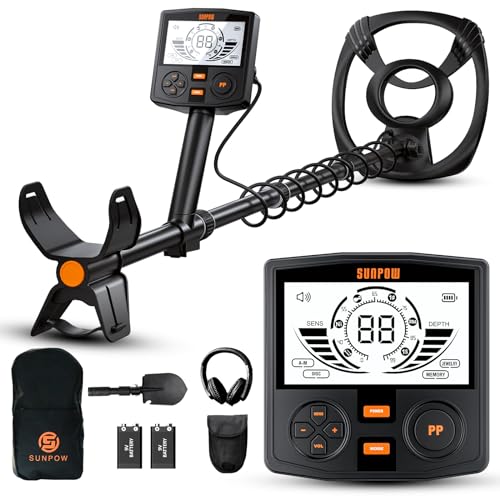 SUNPOW Metalldetektor Profi Set- Hightech mit DSP Chip & Struktur, 3 Teile Custom, 30cm wasserdichte Spule, 2X LCD Display, 5 Modi, Einstellbare Länge (50cm-150cm), Stabile Spiralstruktur von SUNPOW