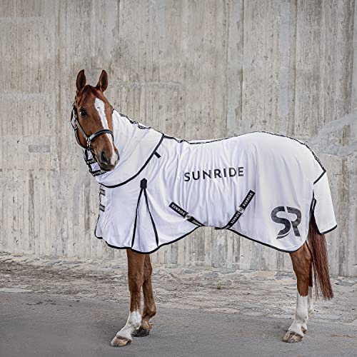 SUNRIDE Fliegendecke für Pferde (Miami) - mit abnehmbarem Halsteil - Klassische Gehfalte - mit UV-Schutz - atmungsaktiv - verstellbare Bauchgurte und Beingurte - weiß (105 cm) von SUNRIDE
