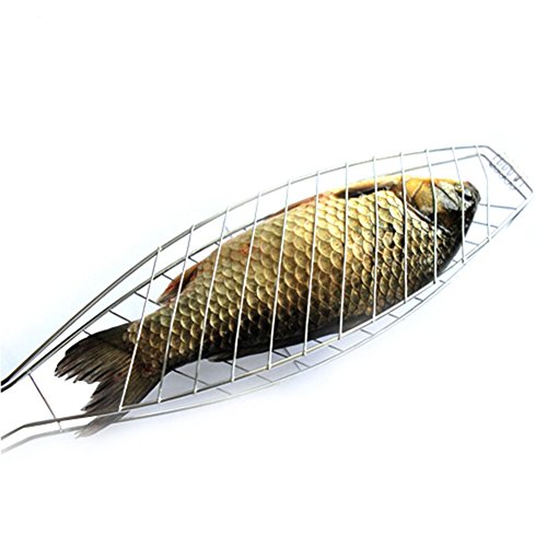 SUNRIS Edelstahl Antihaft Mesh Holzgriff Gegrillter Fisch Barbecue Clip Net Outdoor Burger BBQ Werkzeuge Grills von SUNRIS