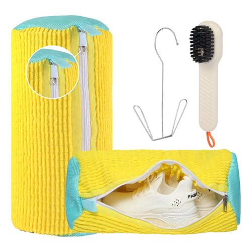 SUNRITOS Schuhwaschbeutel Waschmaschine, 2025 Neu AufgerüStet Pack of 2 Wiederverwendbarer Waschbeutel Mit 360° Reinigungsflusen für Schuhe Wäschesäcke (Gelb) von SUNRITOS